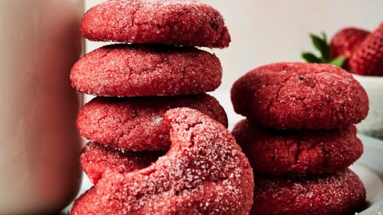 Two stacks of red sugar cookies, one with a cookie that has a bite taken out, are arranged next to a glass of milk and some strawberries.