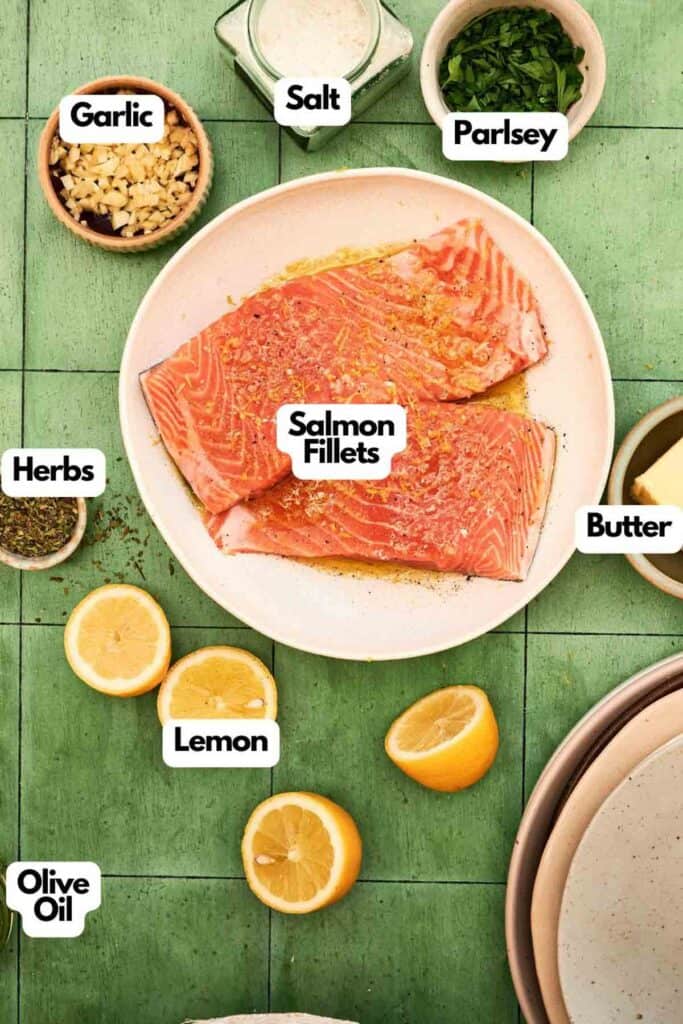 Overhead view of raw salmon fillets on a plate, surrounded by labeled ingredients&mdash;perfect for preparing grilled salmon with garlic, salt, parsley, herbs, butter, lemon, and olive oil.