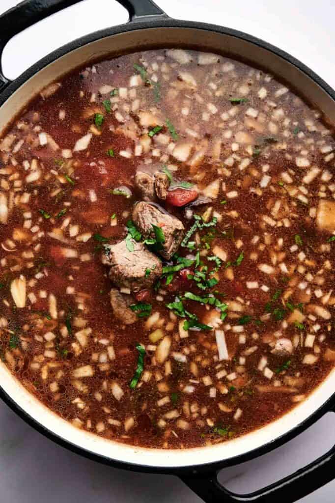 A pot of hearty stew with chopped onions, tender beef chunks, herbs, and a dark broth&mdash;perfect for those who love classic beef or lamb stew flavors.