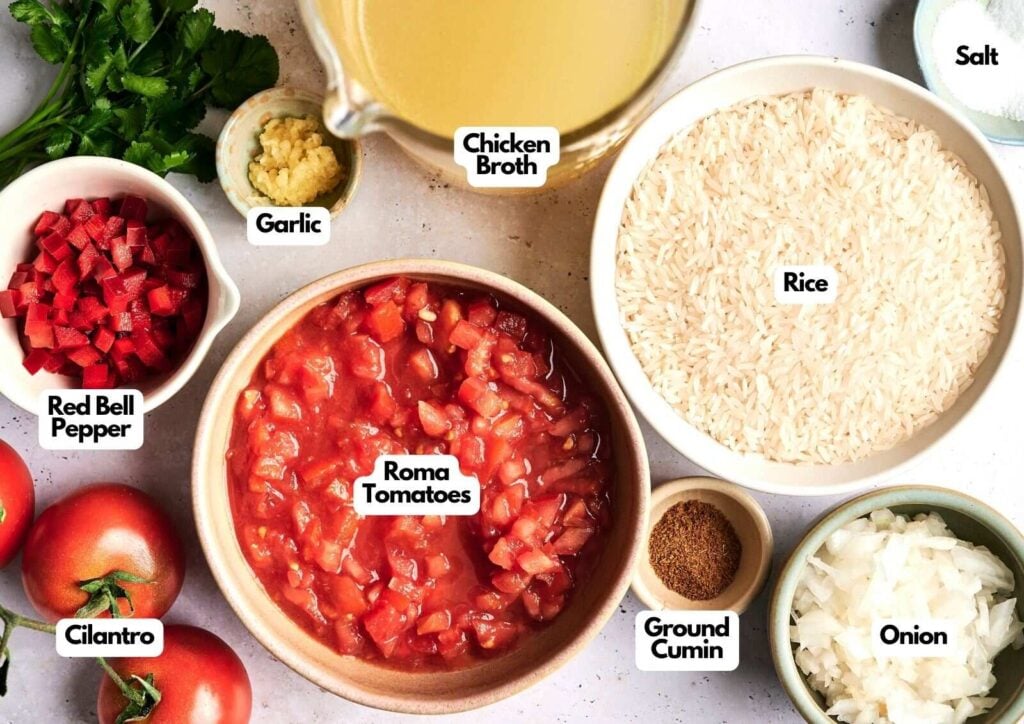 Top-down view of labeled ingredients for mexican rice, including rice, chicken broth, roma tomatoes, red bell pepper, onion, garlic, ground cumin, salt, and cilantro.