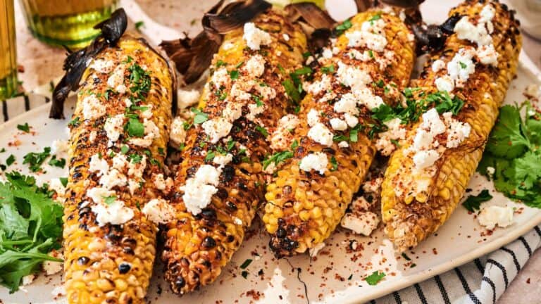 Four grilled corn cobs topped with crumbled cheese, spices, and chopped herbs are arranged on a white platter with fresh cilantro on the side.