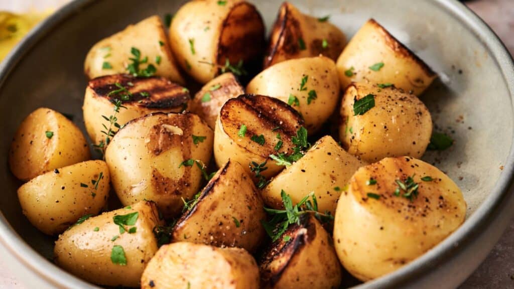 A bowl of roasted potato chunks garnished with chopped herbs and black pepper.