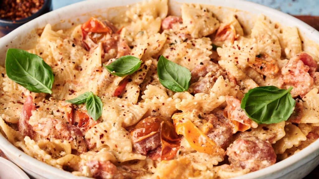 A dish of farfalle pasta with creamy sauce, cherry tomatoes, and fresh basil leaves, garnished with red pepper flakes.