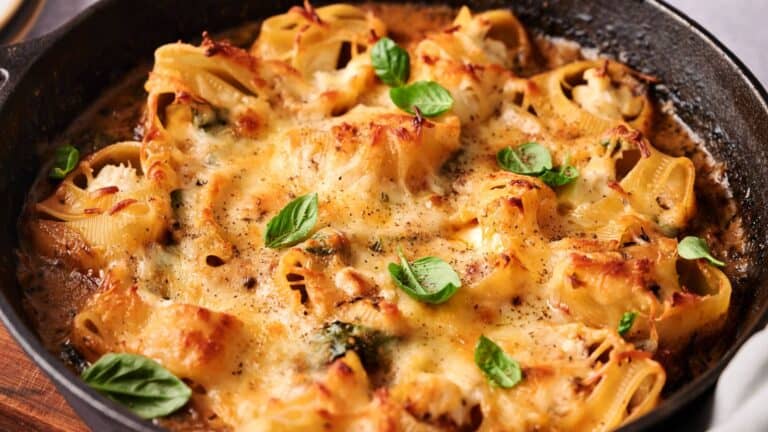 Baked pasta shells filled with cheese and spinach, topped with melted cheese and fresh basil leaves in a black skillet.