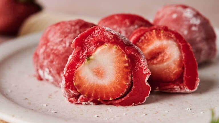 Strawberry ice cream with a slice cut out.