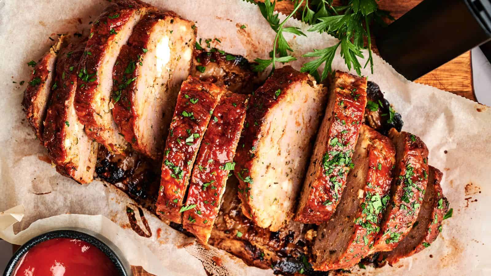 Sliced meatloaf topped with tomato glaze and chopped herbs, served on parchment paper with a side of ketchup and parsley garnish.