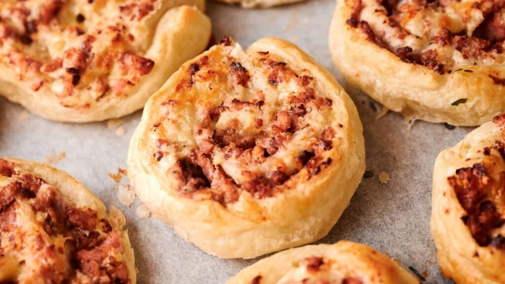 Several baked puff pastry pinwheels with a visible savory meat filling, shown on a sheet of parchment paper.