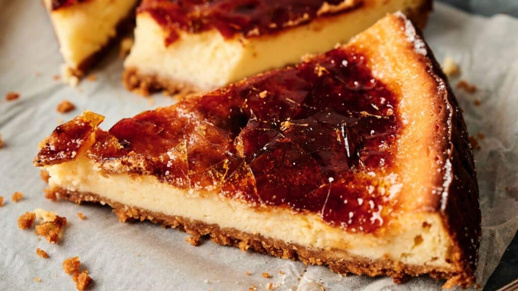 A slice of cheesecake with a caramelized, glassy sugar topping and a crumbly crust, resting on parchment paper.