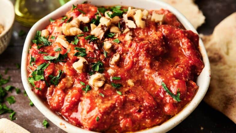 A bowl of red tomato and walnut dip garnished with chopped parsley and walnuts, with pieces of flatbread nearby.