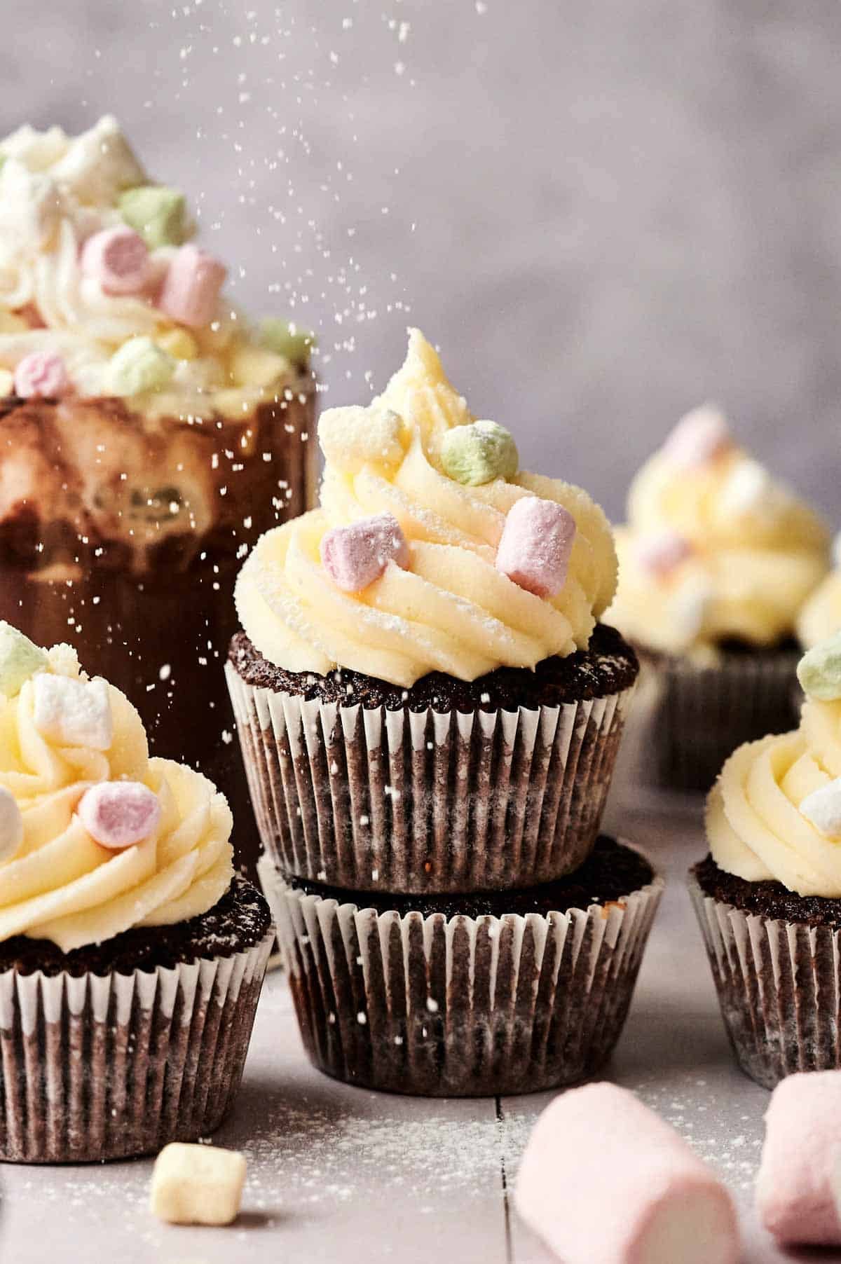 Hot Chocolate Cupcakes topped with swirled vanilla frosting and pastel mini marshmallows, finished with a dusting of powdered sugar.