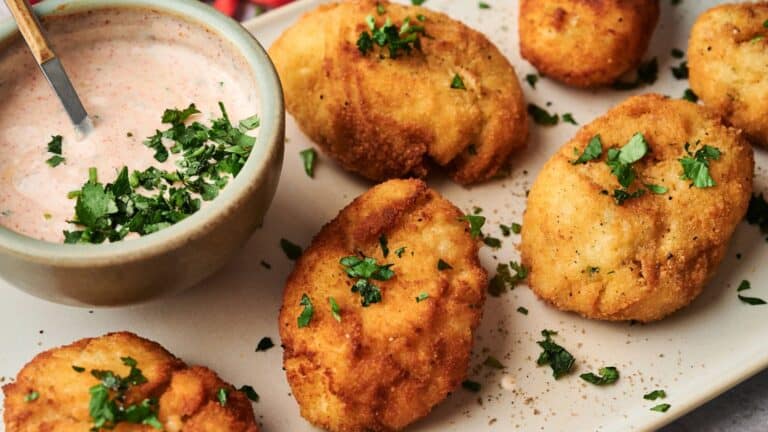 Breaded and fried croquettes garnished with chopped parsley, served with a bowl of creamy dipping sauce sprinkled with herbs.
