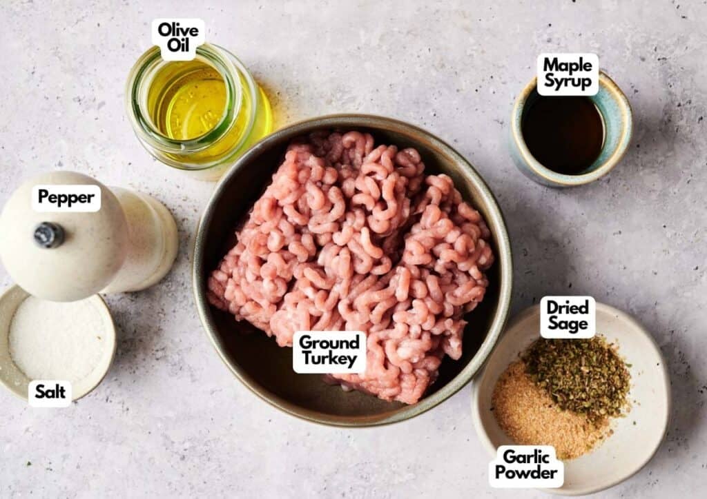 Minced ground turkey with olive oil, maple syrup, sage, garlic powder, salt, and pepper for budget-friendly recipes.