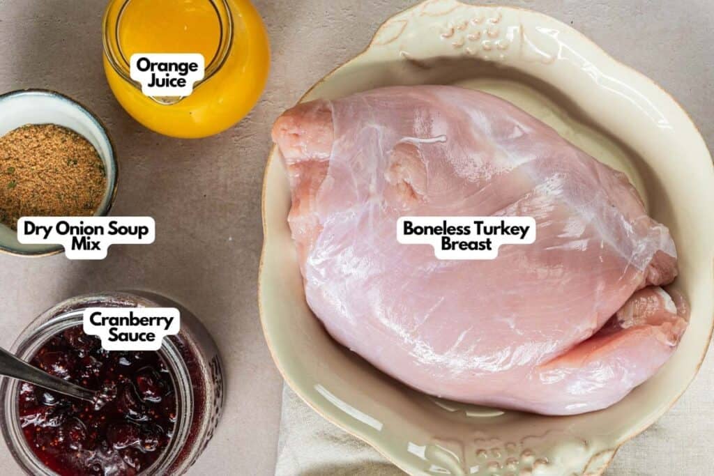 A Crockpot Turkey Breast recipe featuring raw boneless turkey breast, orange juice, dry onion soup mix, and cranberry sauce&mdash;all clearly labeled for easy meal prep.