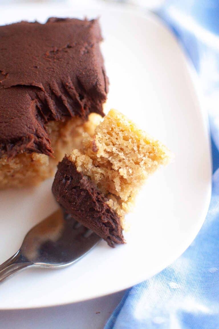 A fork holds a bite of vanilla Graham Cracker Cake with chocolate frosting, next to a larger piece of the same cake on a white plate.