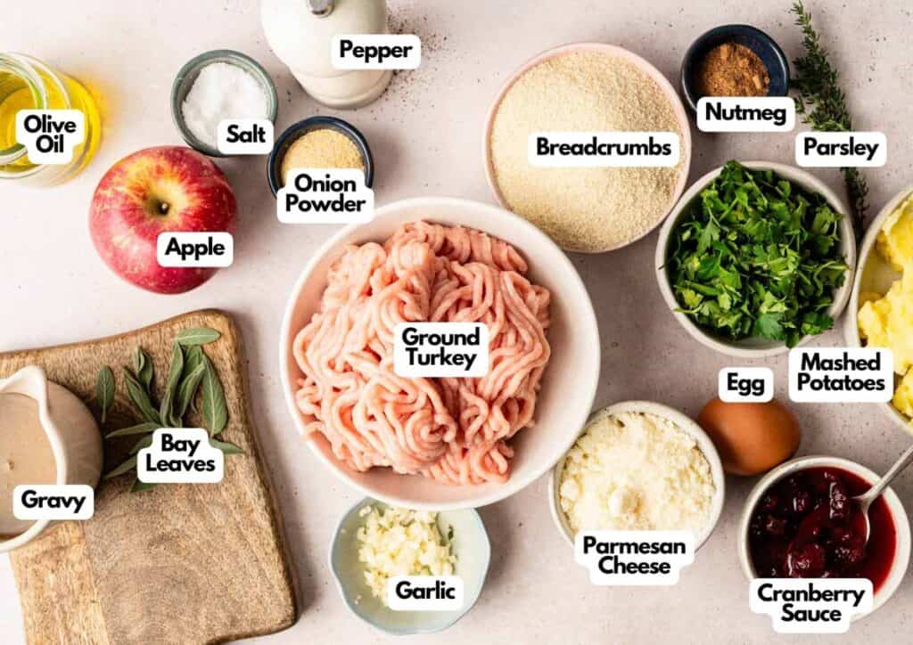 Top-down view of labeled ingredients for Thanksgiving Meatballs, including ground turkey, mashed potatoes, breadcrumbs, egg, parsley, parmesan, garlic, apple, bay leaves, gravy, olive oil, salt, pepper, onion powder, nutmeg and cranberry sauce.