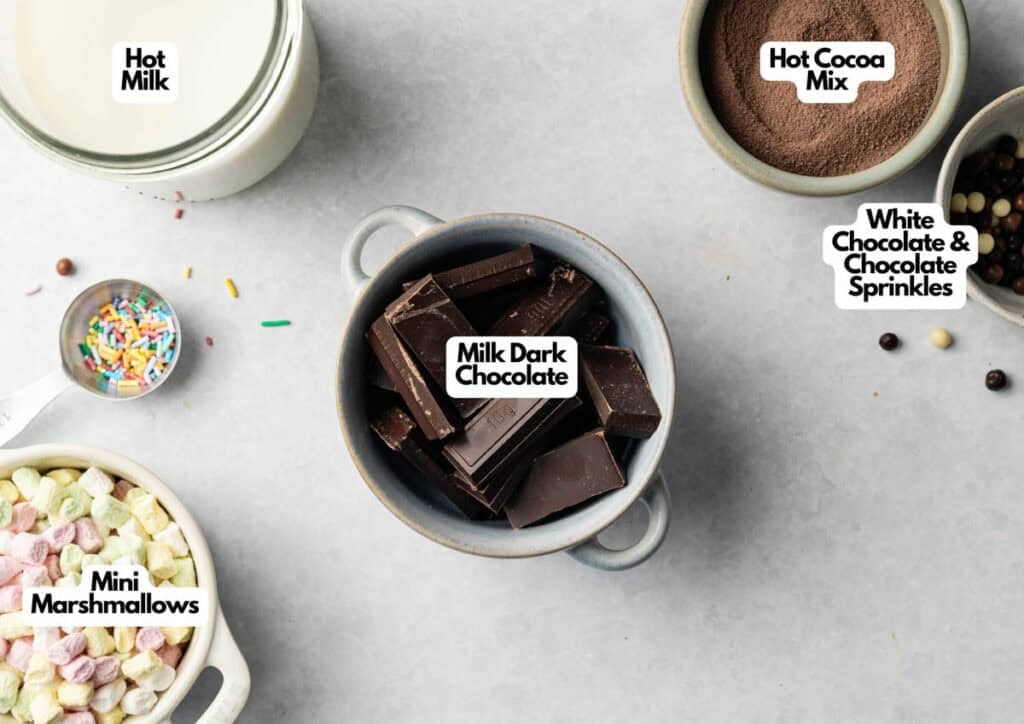 Top-down view of ingredients for hot chocolate, including milk, hot cocoa mix, milk dark chocolate, mini marshmallows, sprinkles, assorted chocolate pieces, and Hot Chocolate Bombs, each carefully labeled.