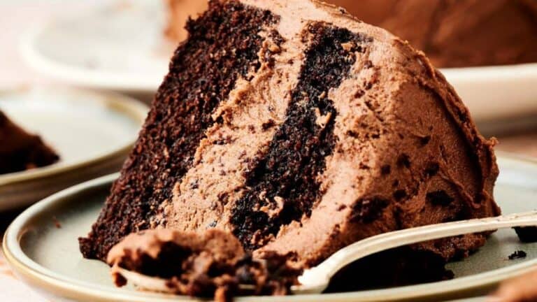 A slice of chocolate layer cake with chocolate frosting on a plate, with a fork beside it.