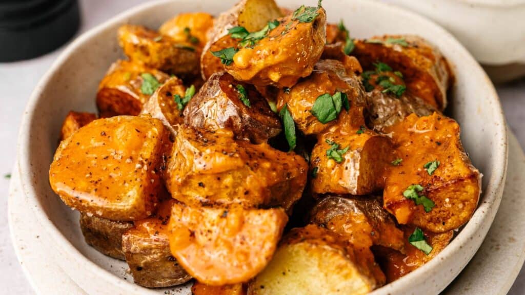 A bowl of roasted potato wedges topped with a creamy orange sauce and garnished with chopped herbs.