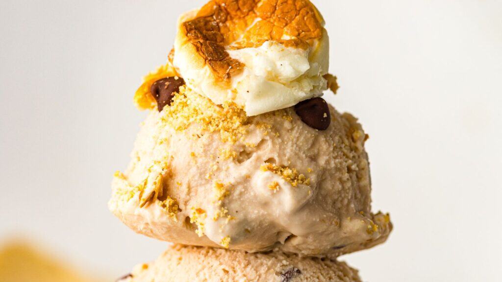 Close-up of two scoops of ice cream topped with a toasted marshmallow, cookie crumbs, and chocolate chips against a plain background.
