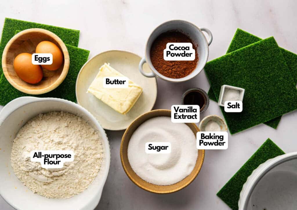 Bowls containing labeled ingredients for American Football-Shaped Cookies—eggs, butter, all-purpose flour, sugar, cocoa powder, vanilla extract, baking powder, and salt—are artfully arranged on a light surface.
