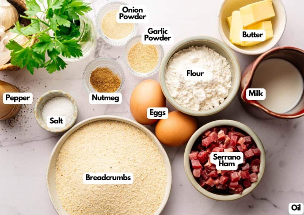 Ingredients for Ham Croquettes are arranged on a counter, including breadcrumbs, eggs, serrano ham, flour, butter, milk, spices, and seasonings, each labeled.