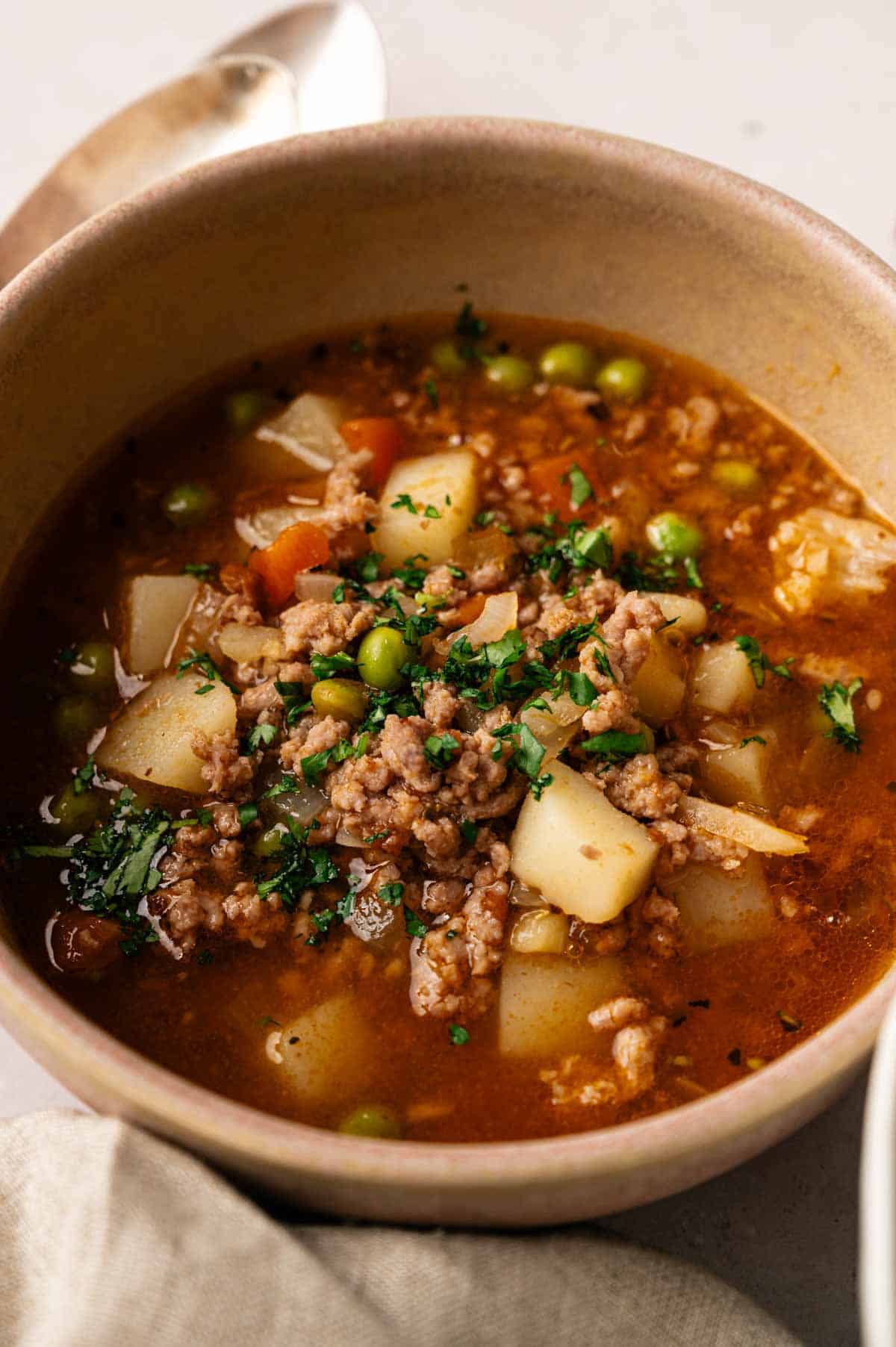 A bowl of Hamburger Soup with ground beef and vegetable stew, featuring potatoes, peas, and carrots, garnished with chopped herbs.