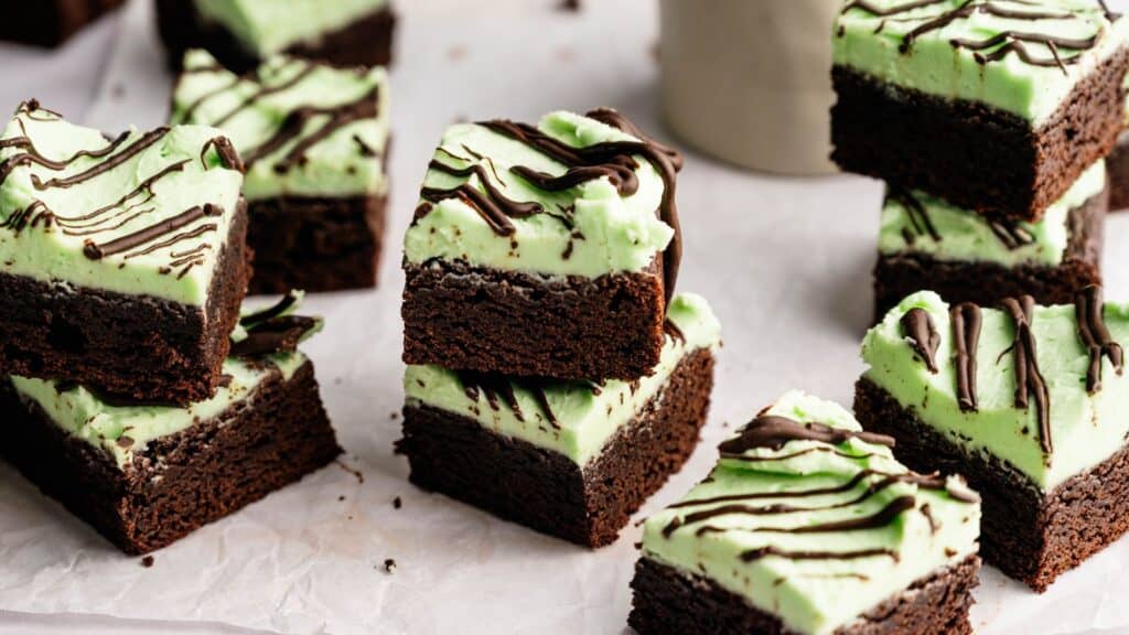 Brownie squares with a green mint frosting layer, topped with drizzled chocolate, are stacked and arranged on a sheet of parchment paper.