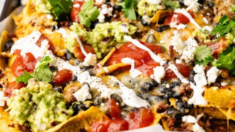 Close-up of loaded nachos topped with black beans, ground meat, guacamole, salsa, cheese, sour cream, and fresh cilantro.