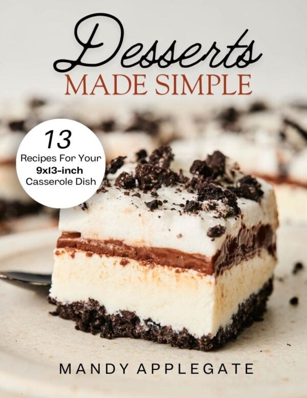 Cover of the book "Desserts Made Simple" by Mandy Applegate, featuring a close-up of a layered dessert with cookie crumbs, cream, and chocolate.