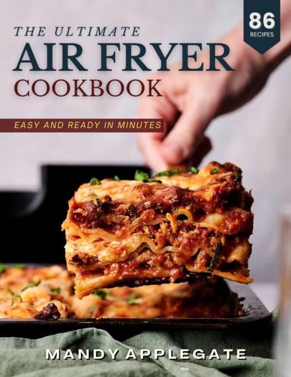 The cover of "The Ultimate Air Fryer Cookbook" shows a hand lifting a cheesy slice of lasagna, with the book title and author Mandy Applegate featured.