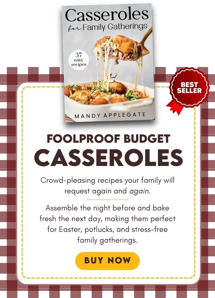 Book cover for "Casseroles for Family Gatherings" featuring a serving of casserole, with text highlighting it as a bestseller and promoting easy, budget-friendly recipes for group meals.