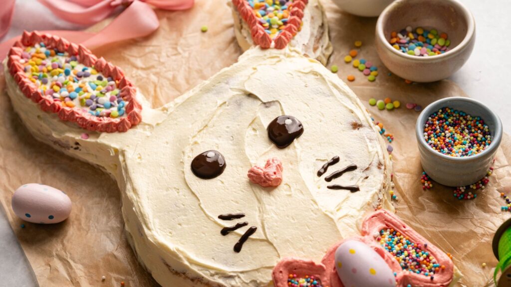 A bunny-shaped cake with white frosting, pink icing details, chocolate features, and colorful sprinkles on parchment paper, surrounded by bowls of sprinkles and decorative eggs.