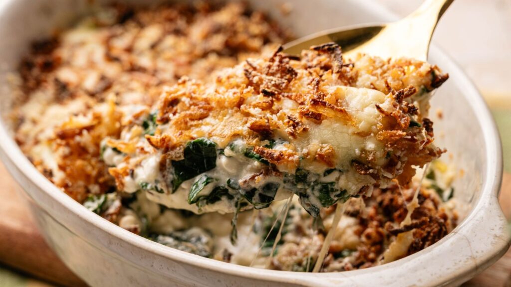 A close-up of a serving of creamy baked spinach casserole with a golden, crispy breadcrumb topping being lifted from a white dish.