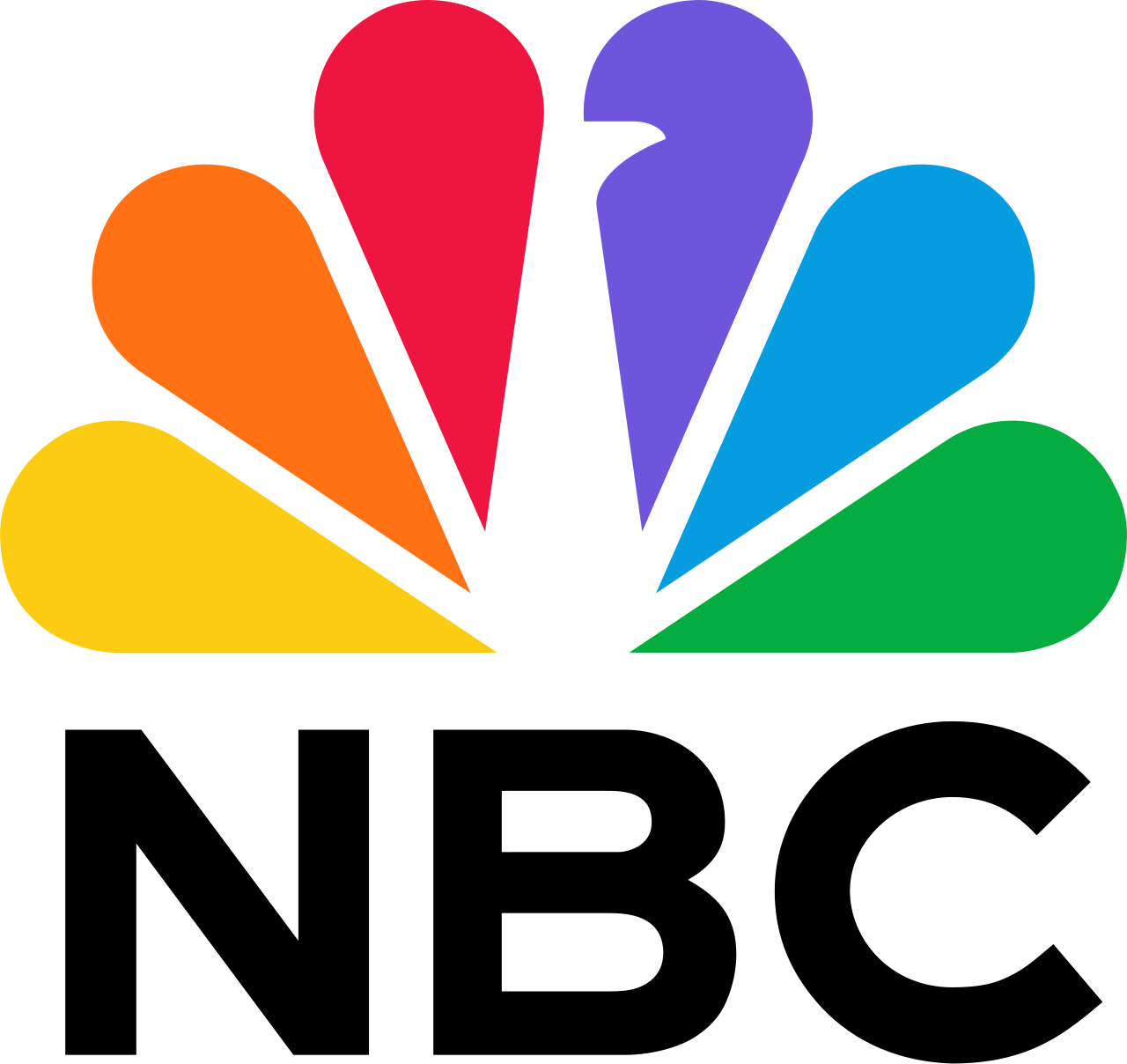NBC logo with six colored feathers arranged in a fan shape above the bold black letters "NBC" on a white background.