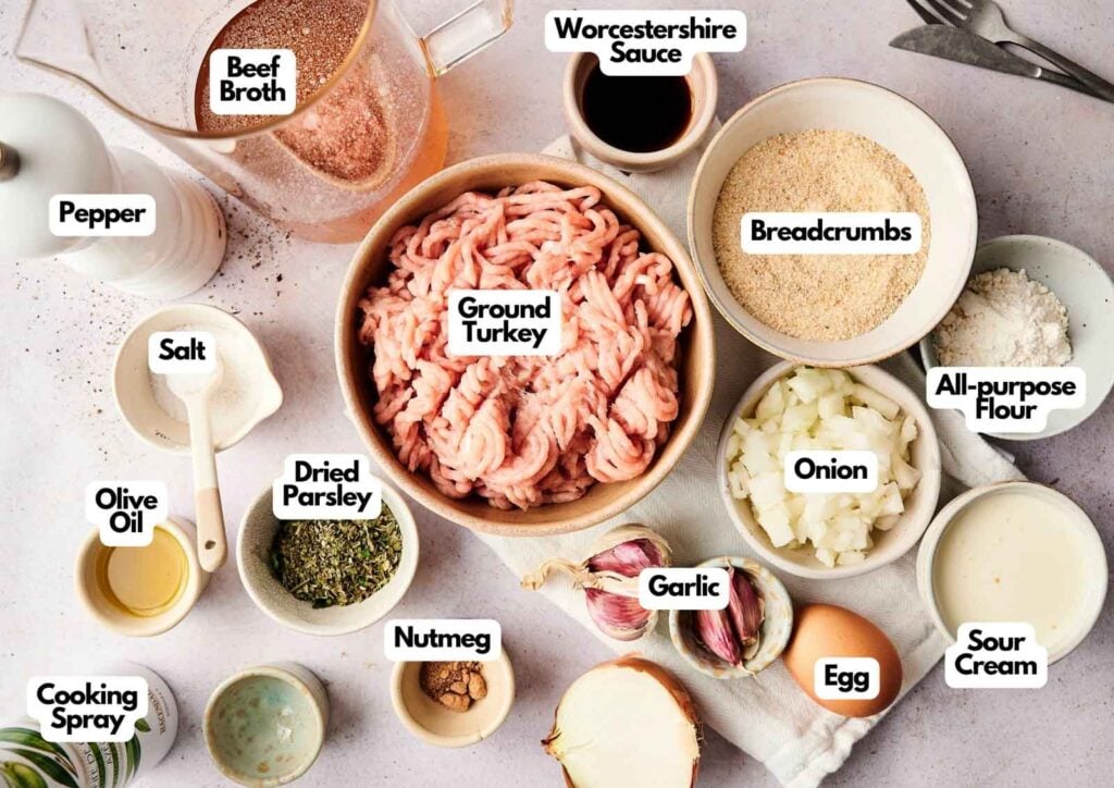 Top-down view of labeled ingredients for Air Fryer Turkey Meatballs, including ground turkey, breadcrumbs, onion, egg, garlic, sour cream, and various seasonings and liquids arranged on a countertop.