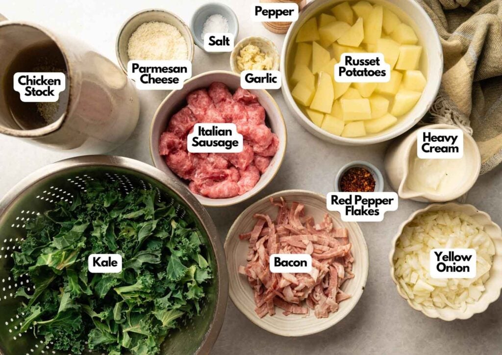 Overhead view of labeled ingredients for Copycat Olive Garden Zuppa Toscana, including chicken stock, parmesan cheese, salt, pepper, russet potatoes, garlic, Italian sausage, heavy cream, bacon, red pepper flakes, kale, and yellow onion.
